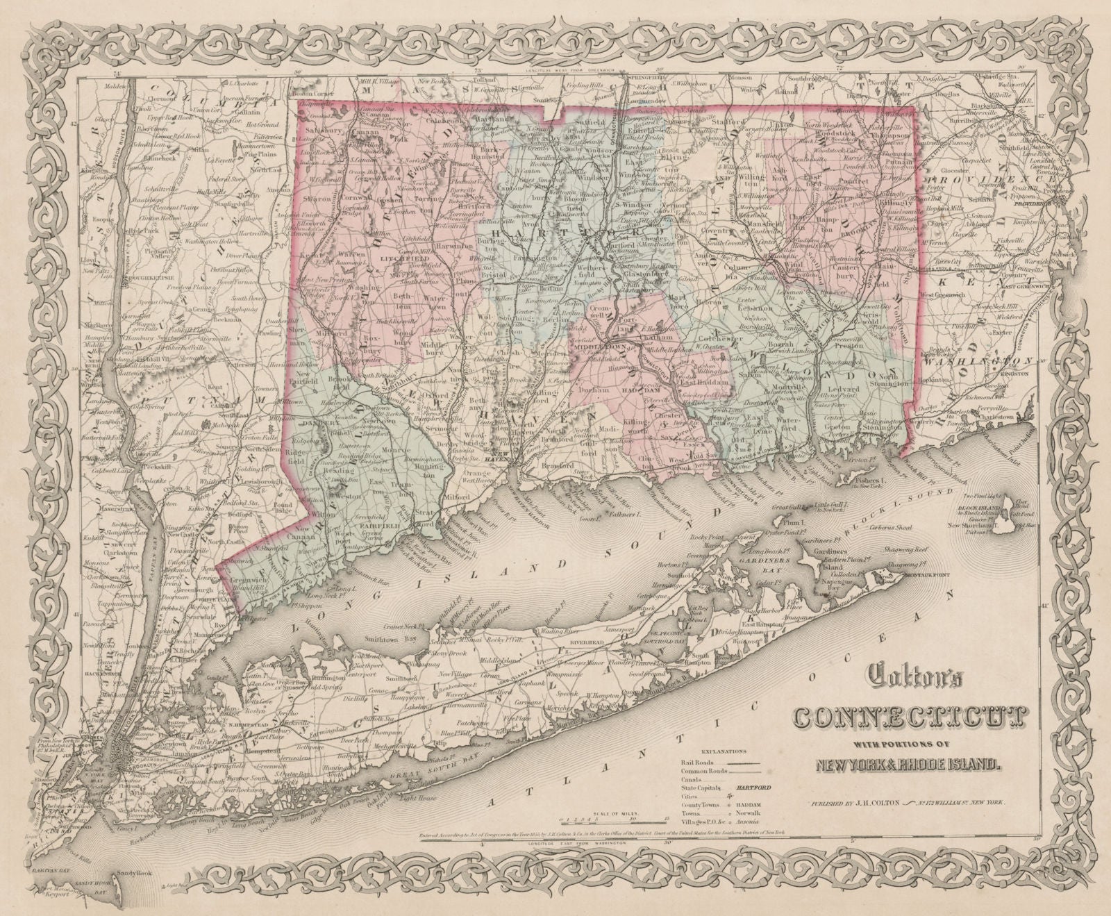 Colton's Connecticut with portions of New York & Rhode Island. Long Is. 1863 map
